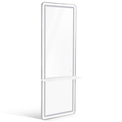 BarberPub Wandspiegel mit Beleuchtung, Ganzkörperspiegel mit Aluminiumrahmen, Großer Spiegel mit Ablage, Touch-Schalter, 3 Lichtfarben Dimmbar, für Friseursalon, 17x65x177 cm, J6271