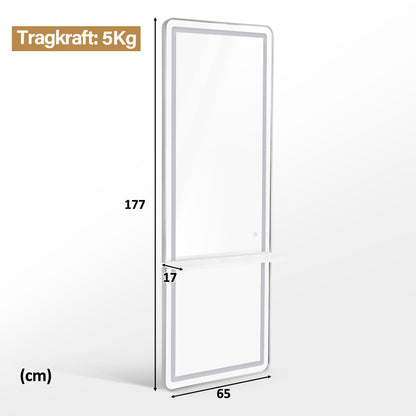 BarberPub Wandspiegel mit Beleuchtung, Ganzkörperspiegel mit Aluminiumrahmen, Großer Spiegel mit Ablage, Touch-Schalter, 3 Lichtfarben Dimmbar, für Friseursalon, 17x65x177 cm, J6271