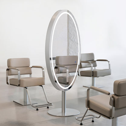 BarberPub Standspiegel mit Beleuchtung, Ganzkörperspiegel mit Edelstahl, Großer Doppelspiegel mit Sockel, Touch-Schalter, 3 Lichtfarben Dimmbar, für Friseursalon, 60x60x192 cm, J8363 (Silber)