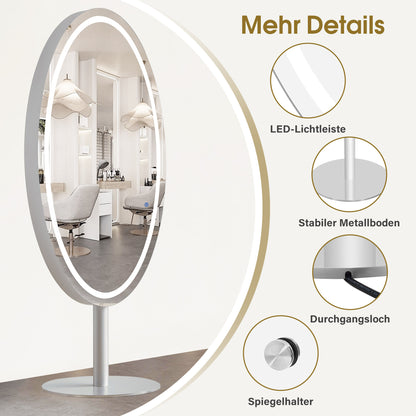 BarberPub Standspiegel mit Beleuchtung, Ganzkörperspiegel mit Edelstahl, Großer Doppelspiegel mit Sockel, Touch-Schalter, 3 Lichtfarben Dimmbar, für Friseursalon, 60x60x192 cm, J8363 (Silber)