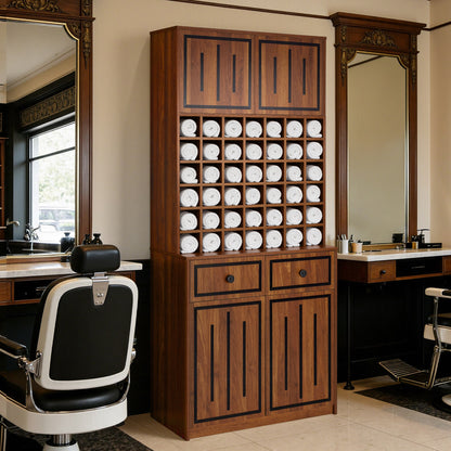 BarberPub Handtuchschrank mit 2 Schubladen, 42 Offenen Fächern & 4 Schränken, Badezimmerschrank Schwarz, Hochschrank Aufbewahrungsschrank Holz für Friseursalon, Schönheitssalon R6194/R6179