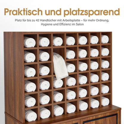 BarberPub Handtuchschrank mit 2 Schubladen, 42 Offenen Fächern & 4 Schränken, Badezimmerschrank Schwarz, Hochschrank Aufbewahrungsschrank Holz für Friseursalon, Schönheitssalon R6194/R6179