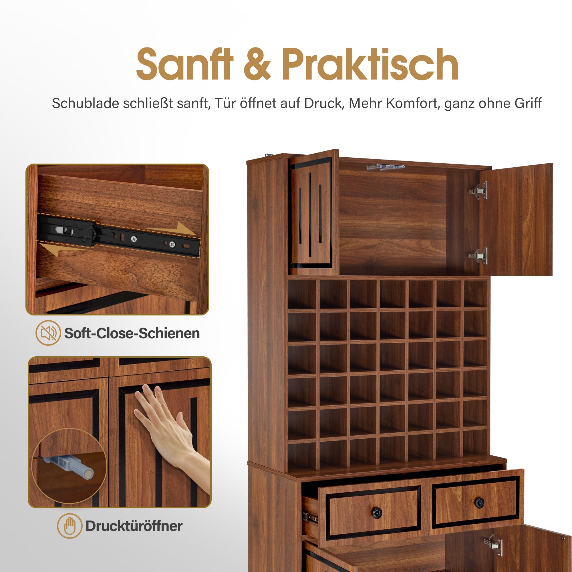 BarberPub Handtuchschrank mit 2 Schubladen, 42 Offenen Fächern & 4 Schränken, Badezimmerschrank Schwarz, Hochschrank Aufbewahrungsschrank Holz für Friseursalon, Schönheitssalon R6194/R6179