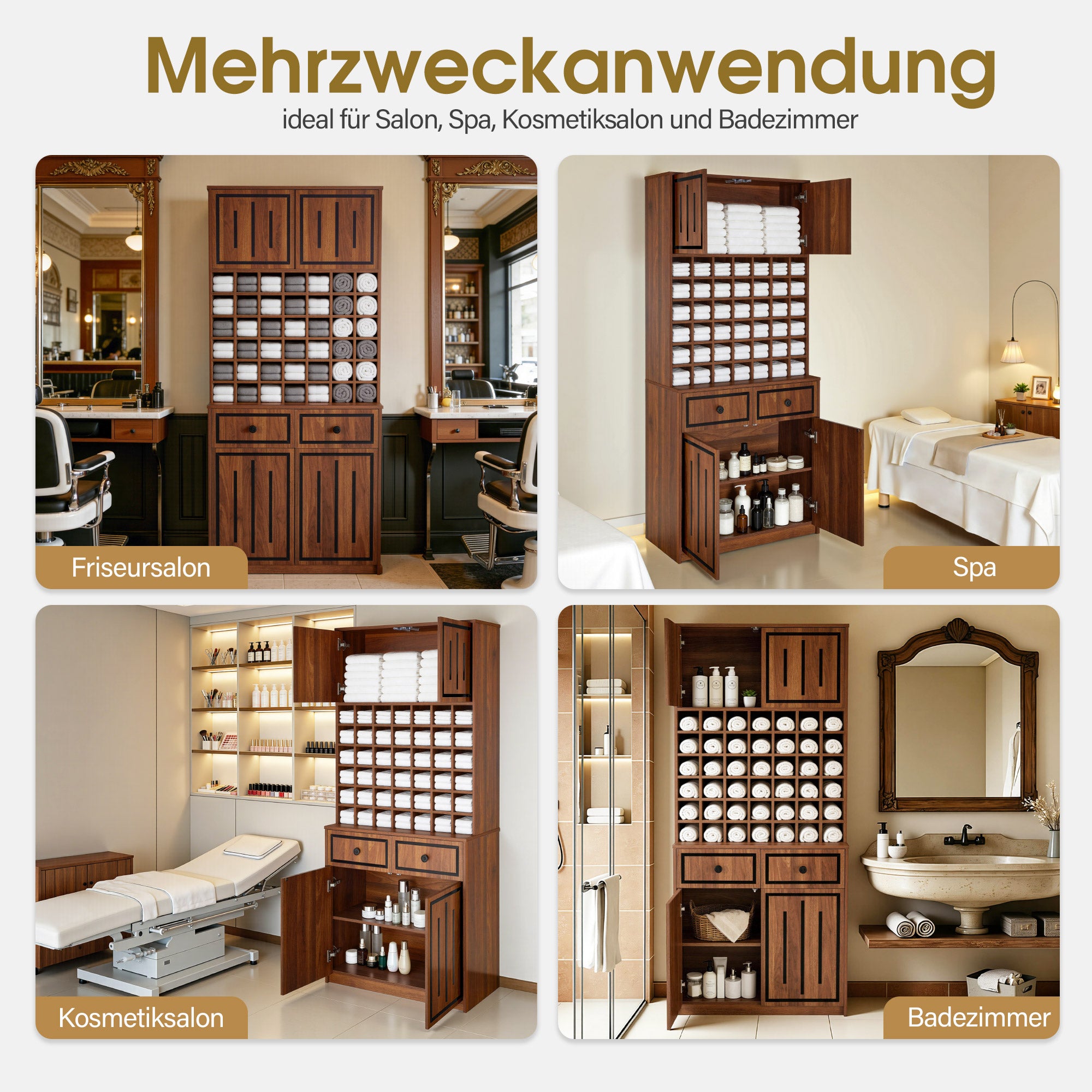 BarberPub Handtuchschrank mit 2 Schubladen, 42 Offenen Fächern & 4 Schränken, Badezimmerschrank Schwarz, Hochschrank Aufbewahrungsschrank Holz für Friseursalon, Schönheitssalon R6194/R6179