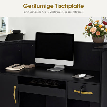 BarberPub Empfangstheke mit 2 Schubladen & 3 Schränken, Empfangstisch Abschließbar, Empfangstresen Holz, Rezeptionstisch Rezeptionstheke Kassentheke für Friseursalon, 53x120x110cm, R9773(Schwarz-Gold)