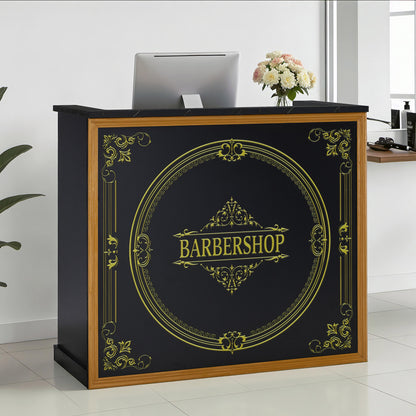 BarberPub Empfangstheke mit 2 Schubladen & 3 Schränken, Empfangstisch Abschließbar, Empfangstresen Holz, Rezeptionstisch Rezeptionstheke Kassentheke für Friseursalon, 53x120x110cm, R9773(Schwarz-Gold)