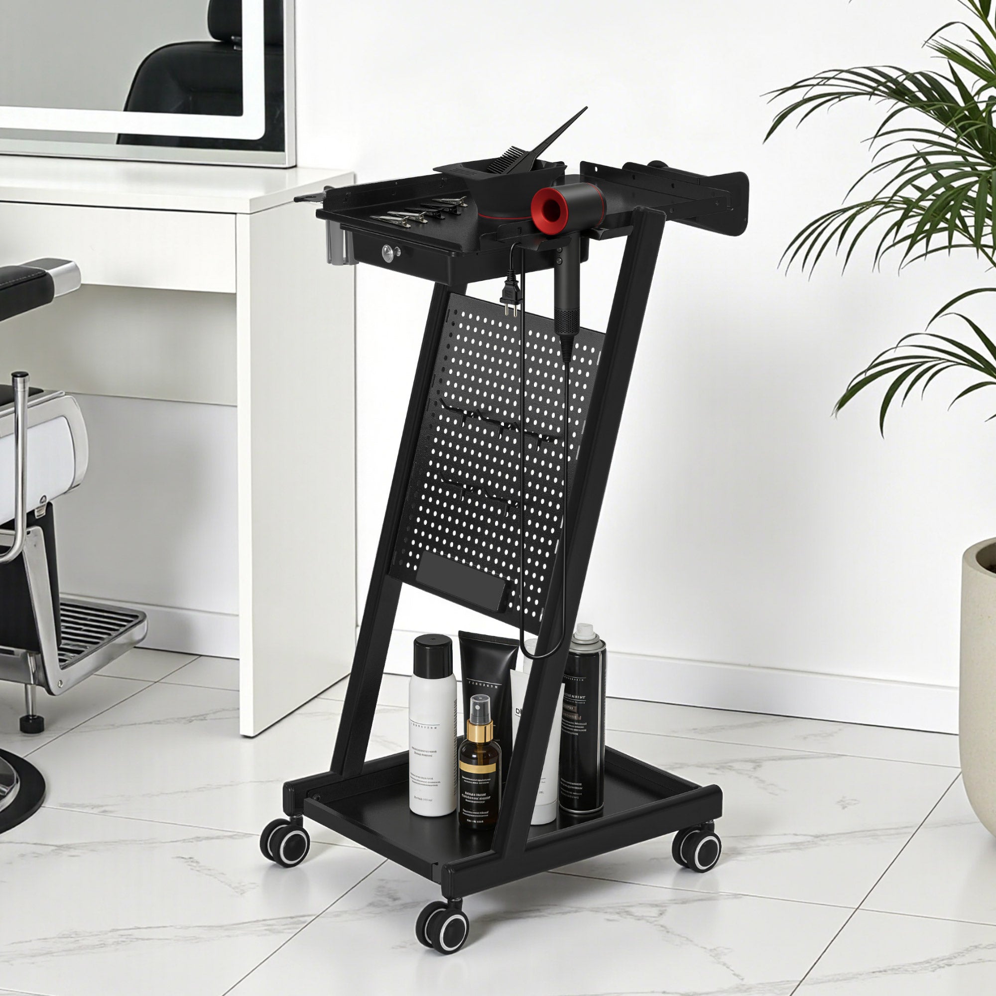 BarberPub Friseurwagen mit Schublade & 2 Ablagen, Friseur Arbeitswagen mit Farbenschale, Folienhalter & 5 Haken, Beauty Salon Trolley Metall, Rollwagen Stapelboy 47x39x94cm, 0085 (Schwarz)