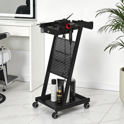 BarberPub Friseurwagen mit Schublade & 2 Ablagen, Friseur Arbeitswagen mit Farbenschale, Folienhalter & 5 Haken, Beauty Salon Trolley Metall, Rollwagen Stapelboy 47x39x94cm, 0085 (Schwarz)
