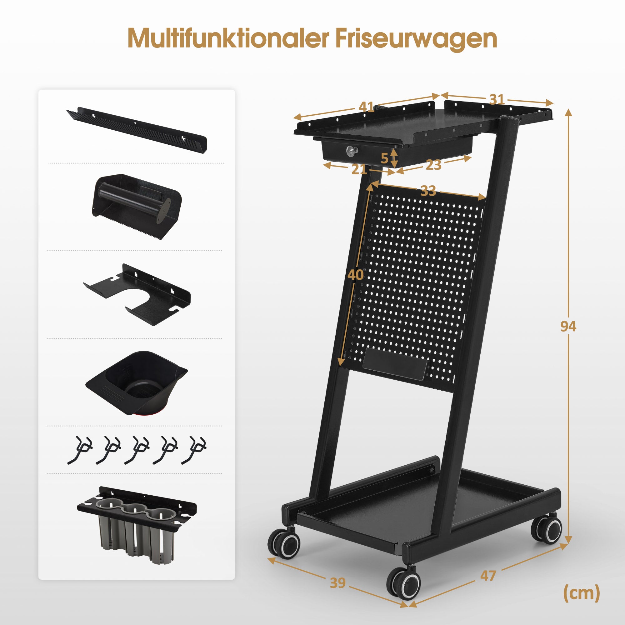 BarberPub Friseurwagen mit Schublade & 2 Ablagen, Friseur Arbeitswagen mit Farbenschale, Folienhalter & 5 Haken, Beauty Salon Trolley Metall, Rollwagen Stapelboy 47x39x94cm, 0085 (Schwarz)