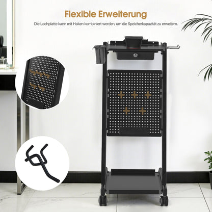 BarberPub Friseurwagen mit Schublade & 2 Ablagen, Friseur Arbeitswagen mit Farbenschale, Folienhalter & 5 Haken, Beauty Salon Trolley Metall, Rollwagen Stapelboy 47x39x94cm, 0085 (Schwarz)