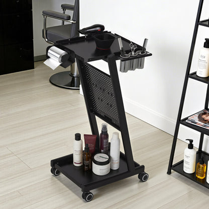 BarberPub Friseurwagen mit Schublade & 2 Ablagen, Friseur Arbeitswagen mit Farbenschale, Folienhalter & 5 Haken, Beauty Salon Trolley Metall, Rollwagen Stapelboy 47x39x94cm, 0085 (Schwarz)