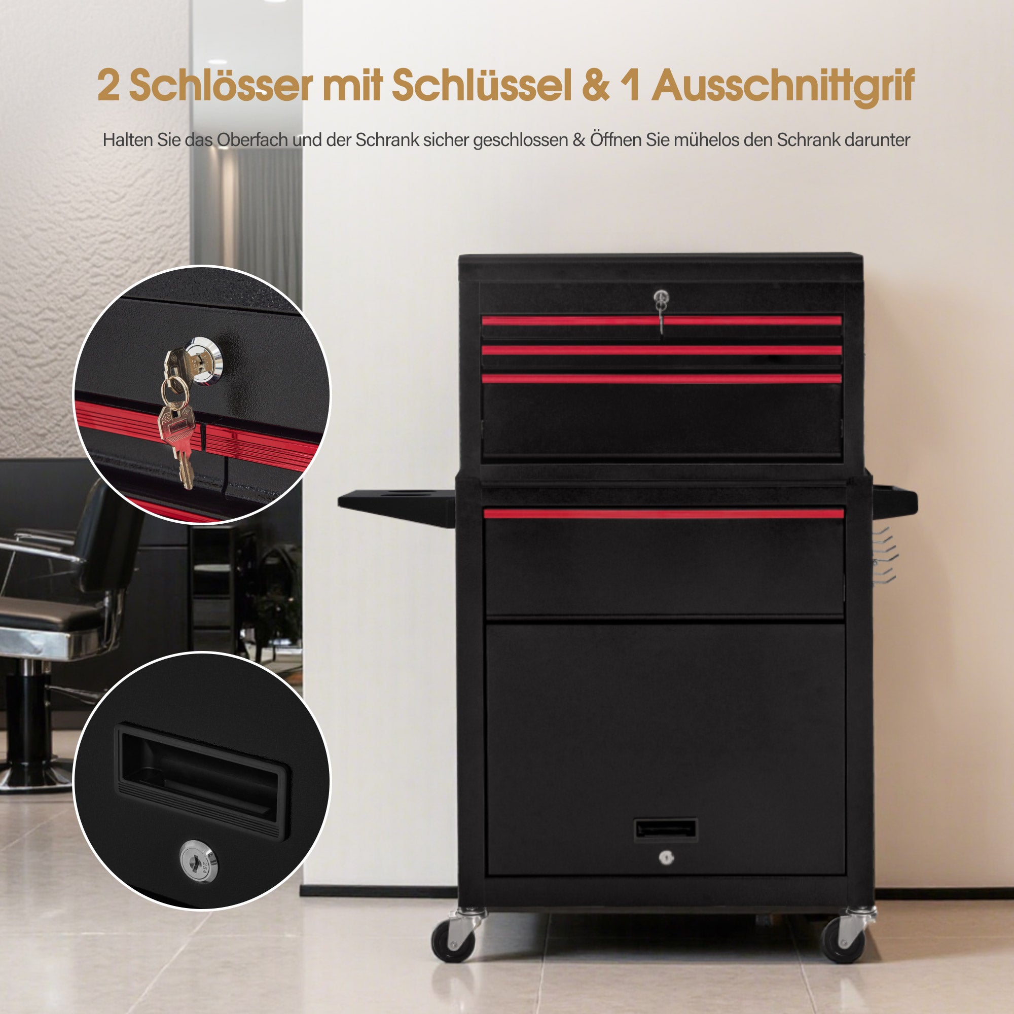 BarberPub 2 in 1 Friseurwagen mit 5 Schubladen,  Schrank & 6 Haken, Bedienungswagen mit Rollen, Friseur Arbeitswagen Abschließbar, Beauty Salon Trolley Metall, Rollwagen Stapelboy, 33x70x108cm, 0097