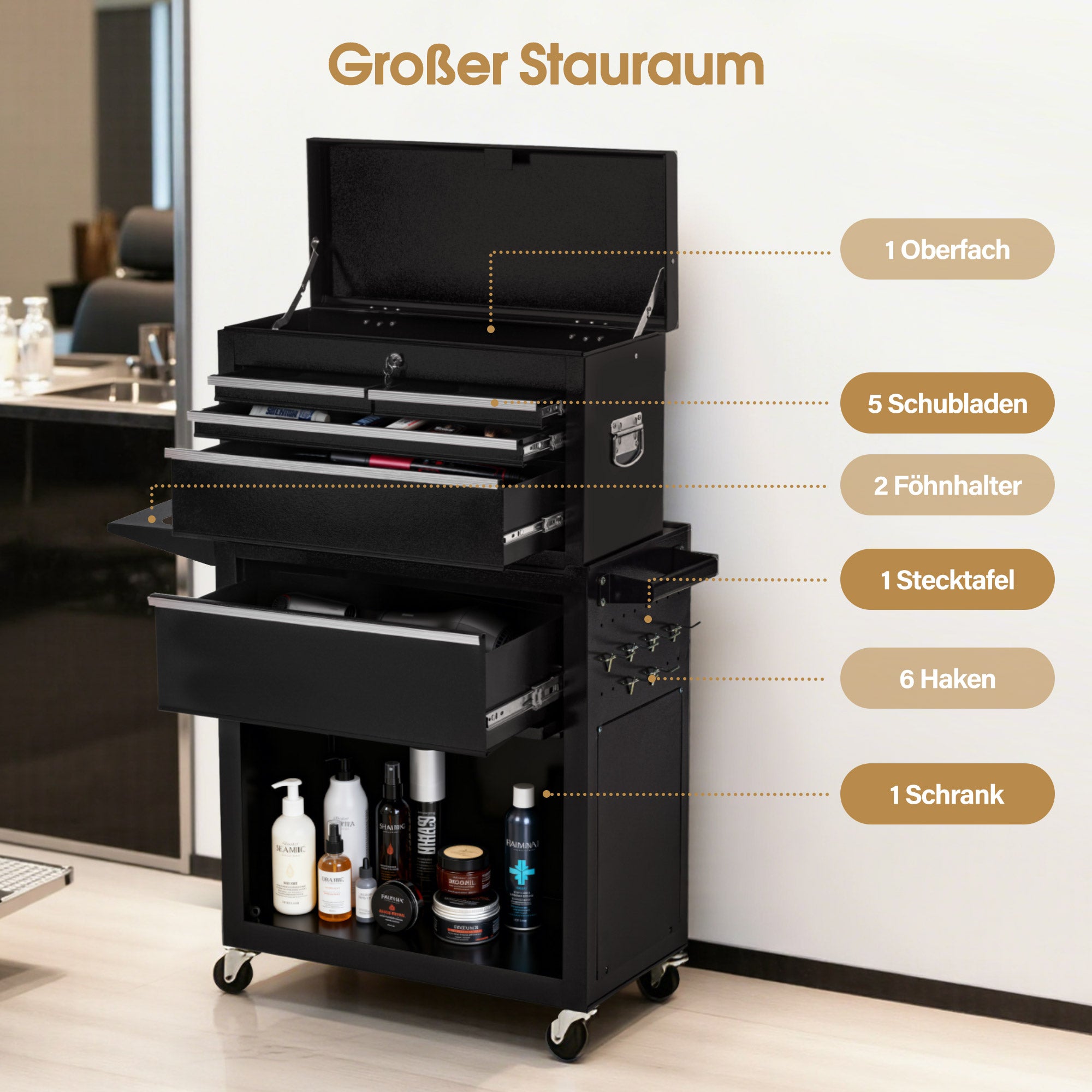 BarberPub 2 in 1 Friseurwagen mit 5 Schubladen,  Schrank & 6 Haken, Bedienungswagen mit Rollen, Friseur Arbeitswagen Abschließbar, Beauty Salon Trolley Metall, Rollwagen Stapelboy, 33x70x108cm, 0097