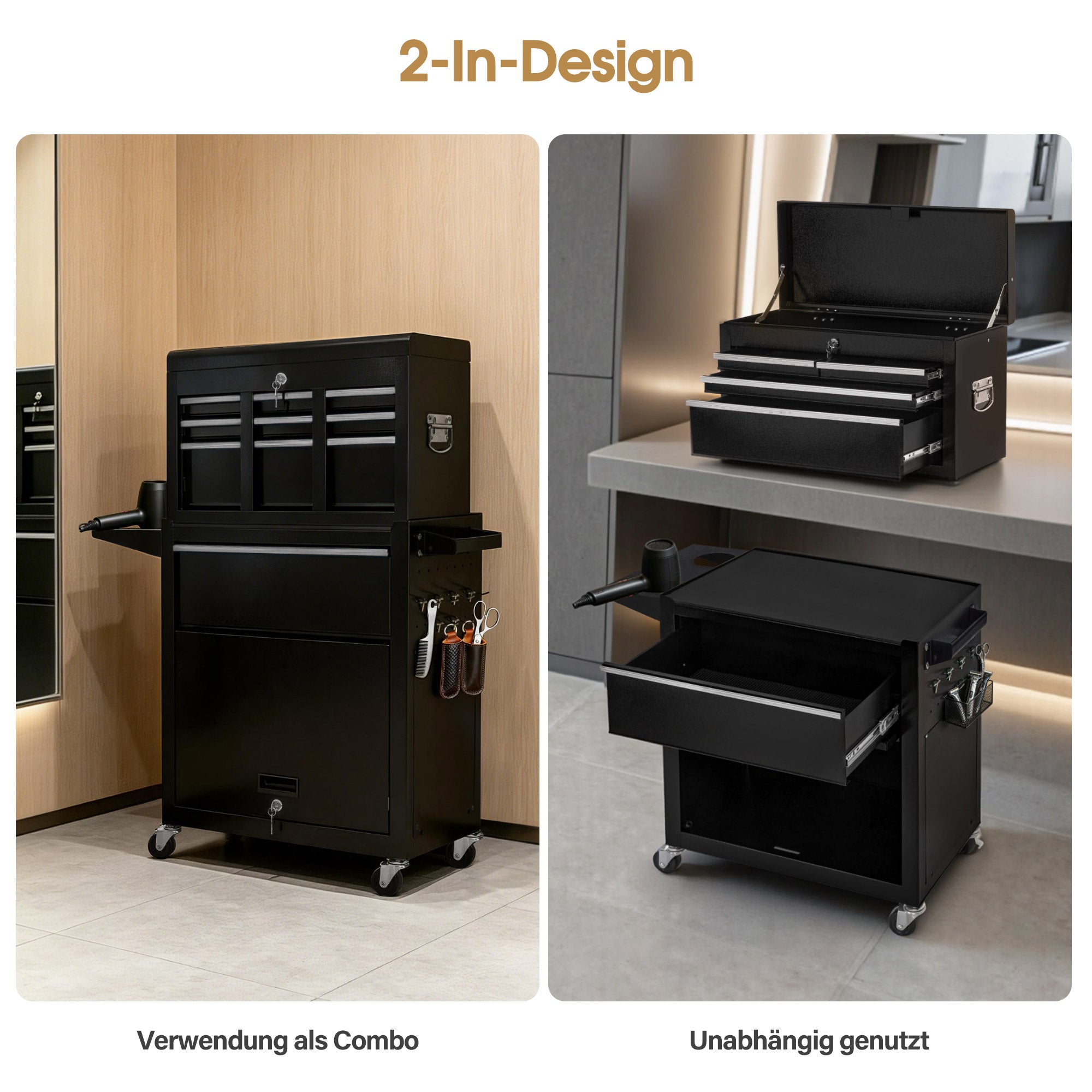 BarberPub 2 in 1 Friseurwagen mit 5 Schubladen,  Schrank & 6 Haken, Bedienungswagen mit Rollen, Friseur Arbeitswagen Abschließbar, Beauty Salon Trolley Metall, Rollwagen Stapelboy, 33x70x108cm, 0097