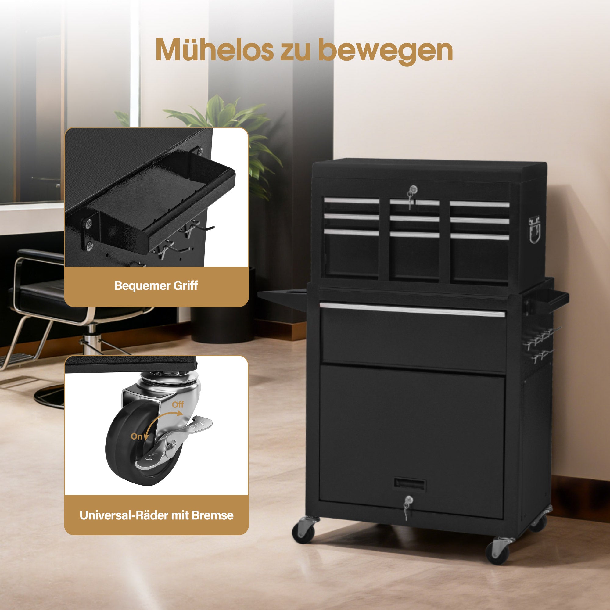 BarberPub 2 in 1 Friseurwagen mit 5 Schubladen,  Schrank & 6 Haken, Bedienungswagen mit Rollen, Friseur Arbeitswagen Abschließbar, Beauty Salon Trolley Metall, Rollwagen Stapelboy, 33x70x108cm, 0097