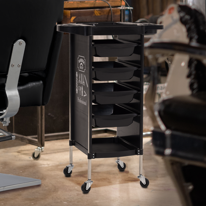 Barberpub Friseurwagen mit 4 Schubladen und Rollen, Bedienungswagen, Friseur Arbeitswagen Drehbar, Beauty Salon Trolley, Rollwagen Stapelboy, Friseur Zubehör, 36 x 52,5 x 84,5 cm, 2023BK-N(Schwarz)