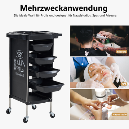 Barberpub Friseurwagen mit 4 Schubladen und Rollen, Bedienungswagen, Friseur Arbeitswagen Drehbar, Beauty Salon Trolley, Rollwagen Stapelboy, Friseur Zubehör, 36 x 52,5 x 84,5 cm, 2023BK-N(Schwarz)