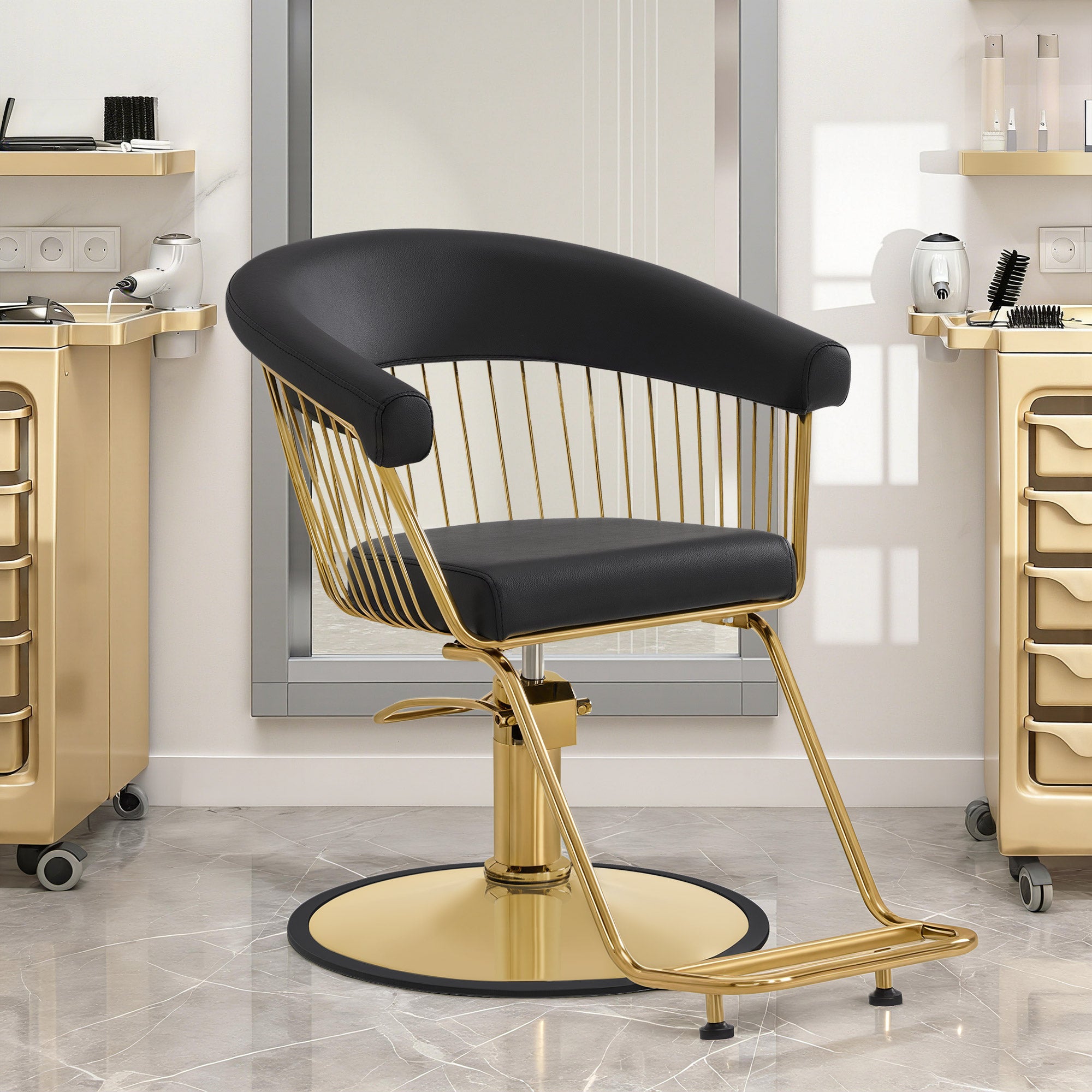 BarberPub Friseurstuhl 13 cm Höhenverstellbar & 360° Drehbar, Friseursessel Hydraulisch, Friseureinrichtung Barbersessel, Barberstuhl Kunstleder, Bedienungsstuhl für Friseursalon, Gold-Schwarz, 2053