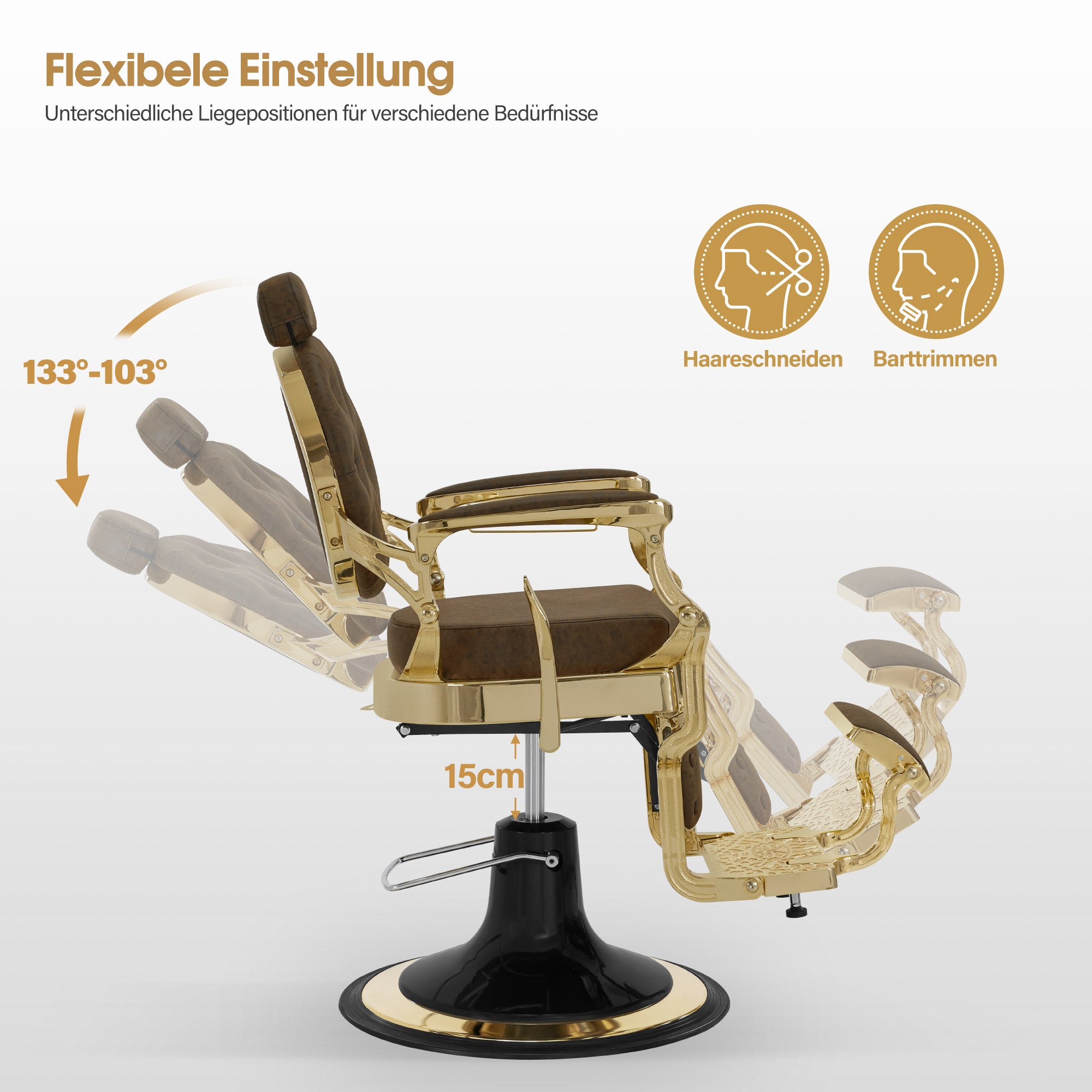 BarberPub Friseurstuhl mit Kopfstütze Kippbar, Friseureinrichtung mit Hydraulikpumpe 360° Drehbar, Höhenverstellbarer Bedienungsstuhl mit Vintage Stil, Barber Stuhl Kunstleder, 2933-F