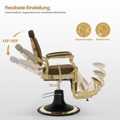 BarberPub Friseurstuhl mit Kopfstütze Kippbar, Friseureinrichtung mit Hydraulikpumpe 360° Drehbar, Höhenverstellbarer Bedienungsstuhl mit Vintage Stil, Barber Stuhl Kunstleder, 2933-F
