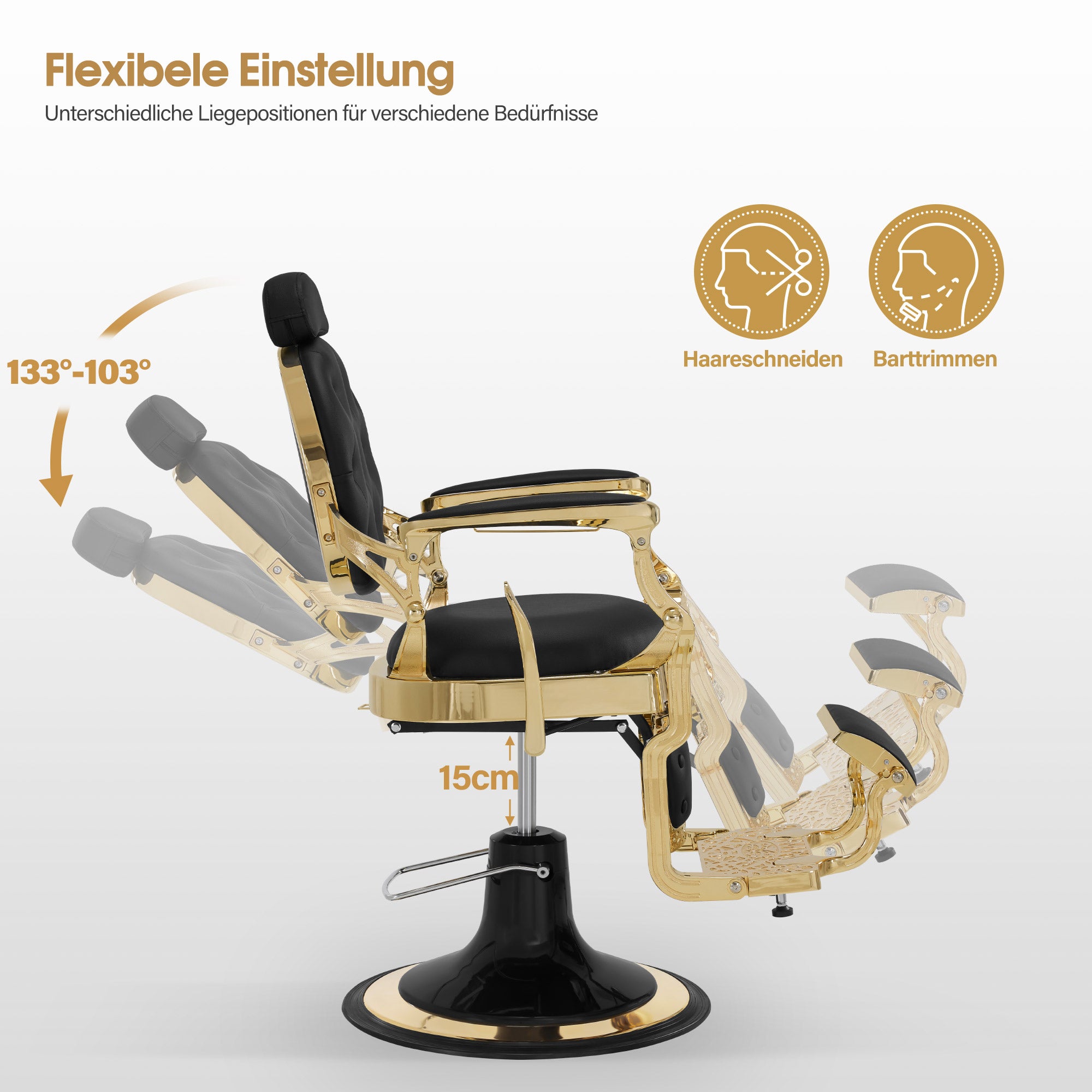 BarberPub Friseurstuhl mit Kopfstütze Kippbar, Friseureinrichtung mit Hydraulikpumpe 360° Drehbar, Höhenverstellbarer Bedienungsstuhl mit Vintage Stil, Barber Stuhl Kunstleder, 2933-F