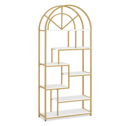 BarberPub Bücherregal, Standregal mit 7 Ebenen, Büroregal mit Metallrahmen, Regal für Büro, Wohnzimmer, Schlafzimmer, Küche, Nagelstudio, Marmor-Weiß Gold, 30x80x180cm, 5183