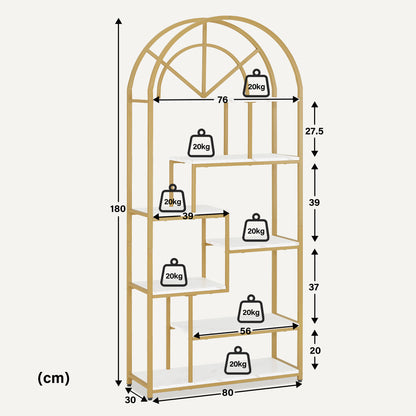 BarberPub Bücherregal, Standregal mit 7 Ebenen, Büroregal mit Metallrahmen, Regal für Büro, Wohnzimmer, Schlafzimmer, Küche, Nagelstudio, Marmor-Weiß Gold, 30x80x180cm, 5183