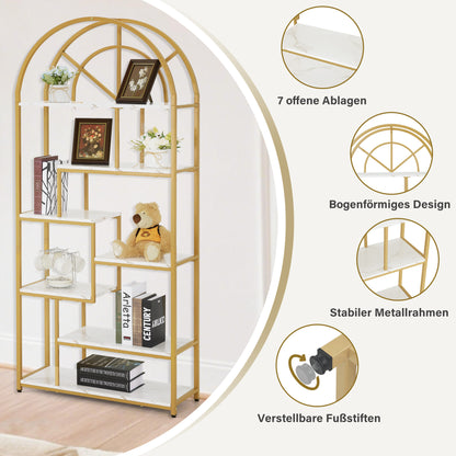BarberPub Bücherregal, Standregal mit 7 Ebenen, Büroregal mit Metallrahmen, Regal für Büro, Wohnzimmer, Schlafzimmer, Küche, Nagelstudio, Marmor-Weiß Gold, 30x80x180cm, 5183