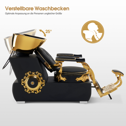 Barberpub Friseurstuhl mit Waschbecken, Friseurwaschbecken aus Keramik Verstellbar, Rückwärtswaschsessel Friseurwaschsessel für SPA Salon, Friseur Waschplatz Retro 8024 (Gold-Schwarz/PVC)