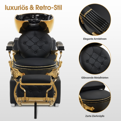 Barberpub Friseurstuhl mit Waschbecken, Friseurwaschbecken aus Keramik Verstellbar, Rückwärtswaschsessel Friseurwaschsessel für SPA Salon, Friseur Waschplatz Retro 8024 (Gold-Schwarz/PVC)