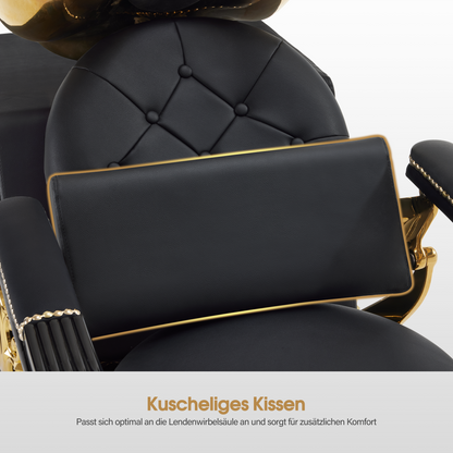 Barberpub Friseurstuhl mit Waschbecken, Friseurwaschbecken aus Keramik Verstellbar, Rückwärtswaschsessel Friseurwaschsessel für SPA Salon, Friseur Waschplatz Retro 8024 (Gold-Schwarz/PVC)