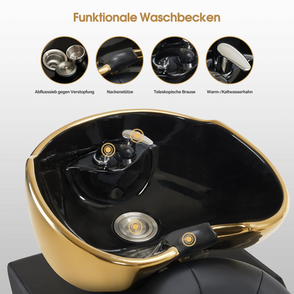 Barberpub Friseurstuhl mit Waschbecken, Friseurwaschbecken aus Keramik Verstellbar, Rückwärtswaschsessel Friseurwaschsessel für SPA Salon, Friseur Waschplatz Retro 8024 (Gold-Schwarz/PVC)