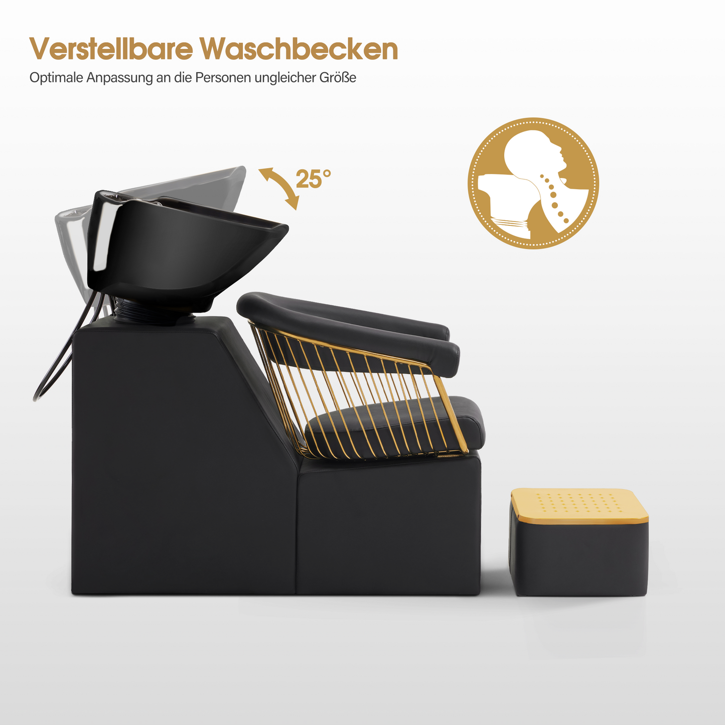 Barberpub Friseurstuhl mit Waschbecken, Friseurwaschbecken aus Keramik Verstellbar, Rückwärtswaschsessel mit Fußhocker, Friseurwaschsessel für SPA Salon, Friseur Waschplatz Retro 8037 (Gold-Schwarz/PVC)