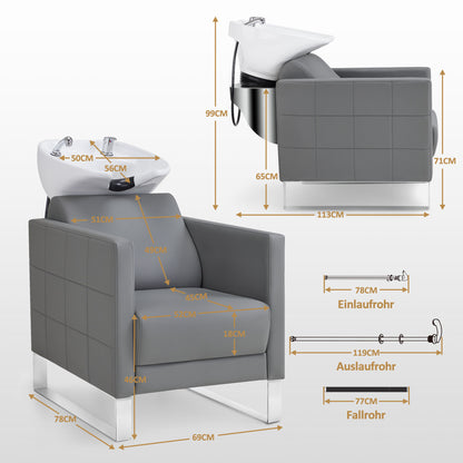 BarberPub Friseurstuhl mit Waschbecken & Edelstahlbasis, Friseurwaschbecken aus Keramik Verstellbar, Friseurwaschsessel für SPA Salon Friseur Waschplatz 8611