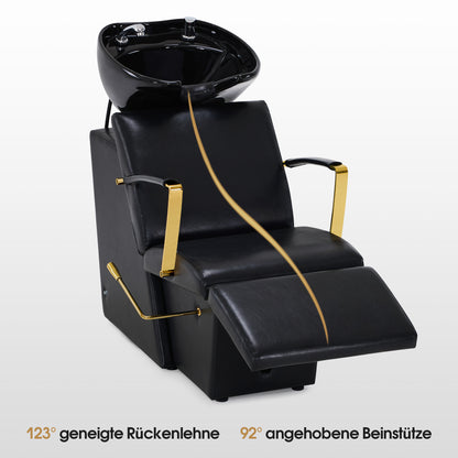 BarberPub Friseurstuhl mit Waschbecken, Klappbare Beinstütze, Friseurwaschbecken aus Keramik Verstellbar, Friseurwaschsessel für SPA Salon, Friseur Waschplatz 8670 (Schwarz-Gold/Kunstleder)