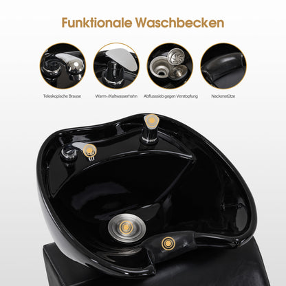 BarberPub Friseurstuhl mit Waschbecken, Klappbare Beinstütze, Friseurwaschbecken aus Keramik Verstellbar, Friseurwaschsessel für SPA Salon, Friseur Waschplatz 8670 (Schwarz-Gold/Kunstleder)