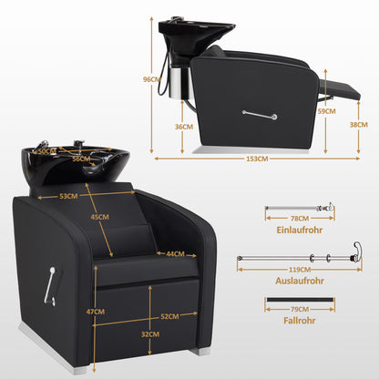 BarberPub Friseurstuhl mit Waschbecken, Klappbare Beinstütze, Friseur Waschbecken aus Keramik Verstellbar, Friseurwaschsessel für SPA Salon, Friseur Waschplatz 8679 (Schwarz/Kunstleder)