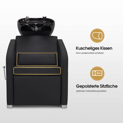 BarberPub Friseurstuhl mit Waschbecken, Klappbare Beinstütze, Friseur Waschbecken aus Keramik Verstellbar, Friseurwaschsessel für SPA Salon, Friseur Waschplatz 8679 (Schwarz/Kunstleder)