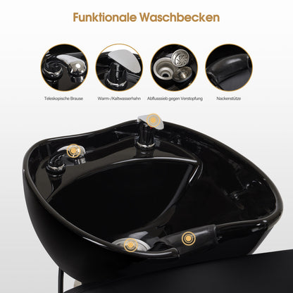BarberPub Friseurstuhl mit Waschbecken, Klappbare Beinstütze, Friseur Waschbecken aus Keramik Verstellbar, Friseurwaschsessel für SPA Salon, Friseur Waschplatz 8679 (Schwarz/Kunstleder)