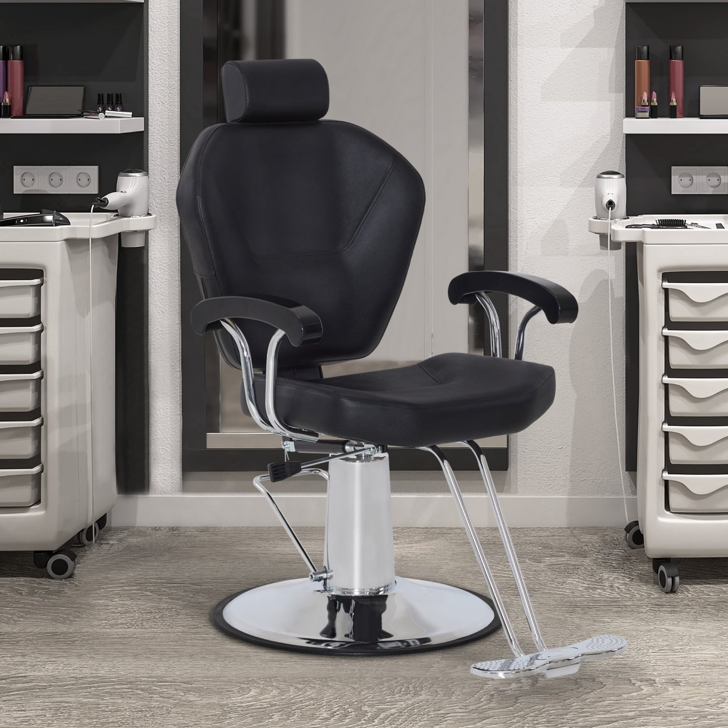 BarberPub Friseurstuhl mit Kopfstütze, Friseurstühle mit Hydraulikpumpe 360° Drehbar, Friseureinrichtung Höhenverstellbar, Barber Stuhl PVC Kunstleder, 8816 (Schwarz)