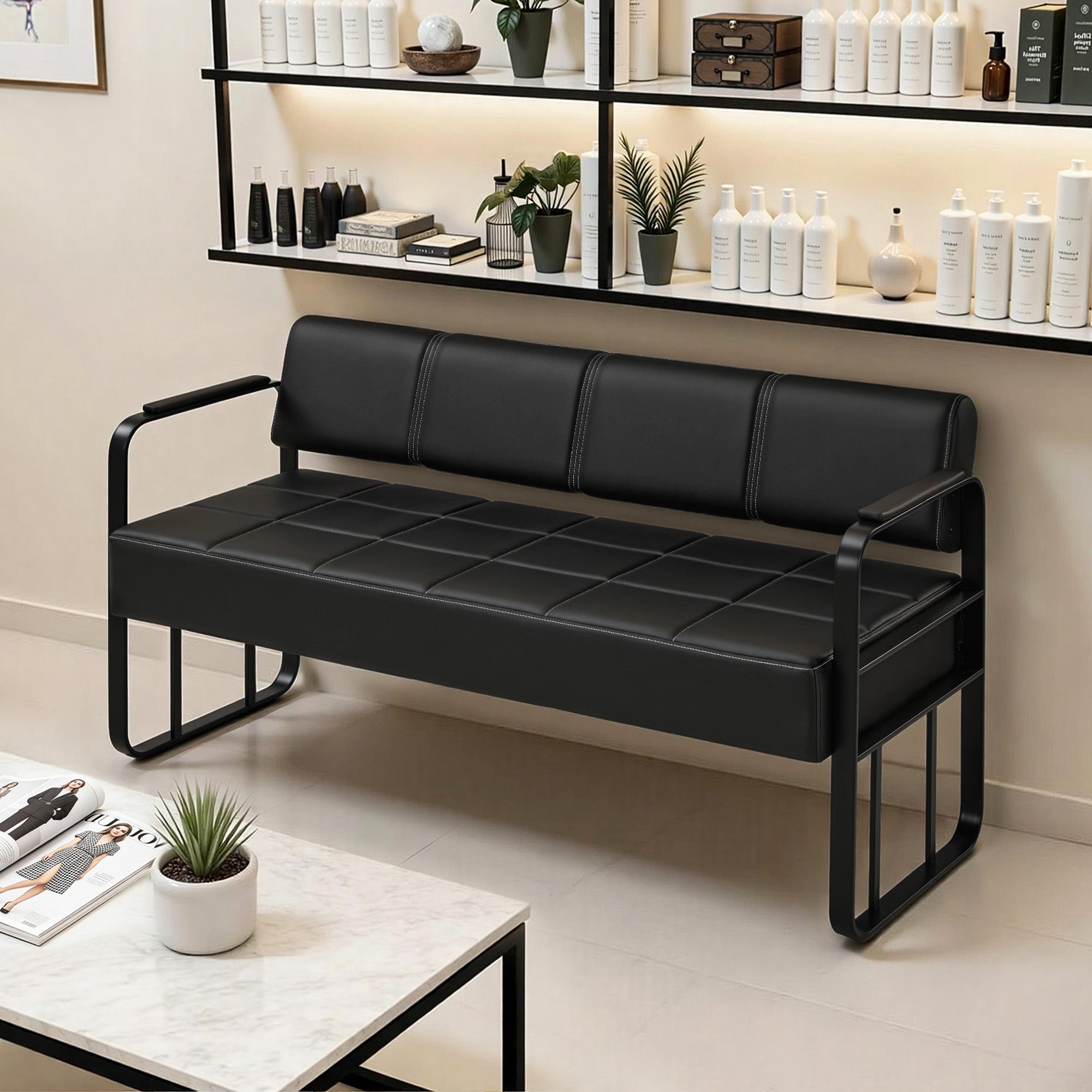 Barberpub 3-Sitzer Sitzbank mit Armlehnen, Polsterbank mit Rückenlehn Wartebank Friseur, Wohnzimmerbank, Friseureinrichtung W528