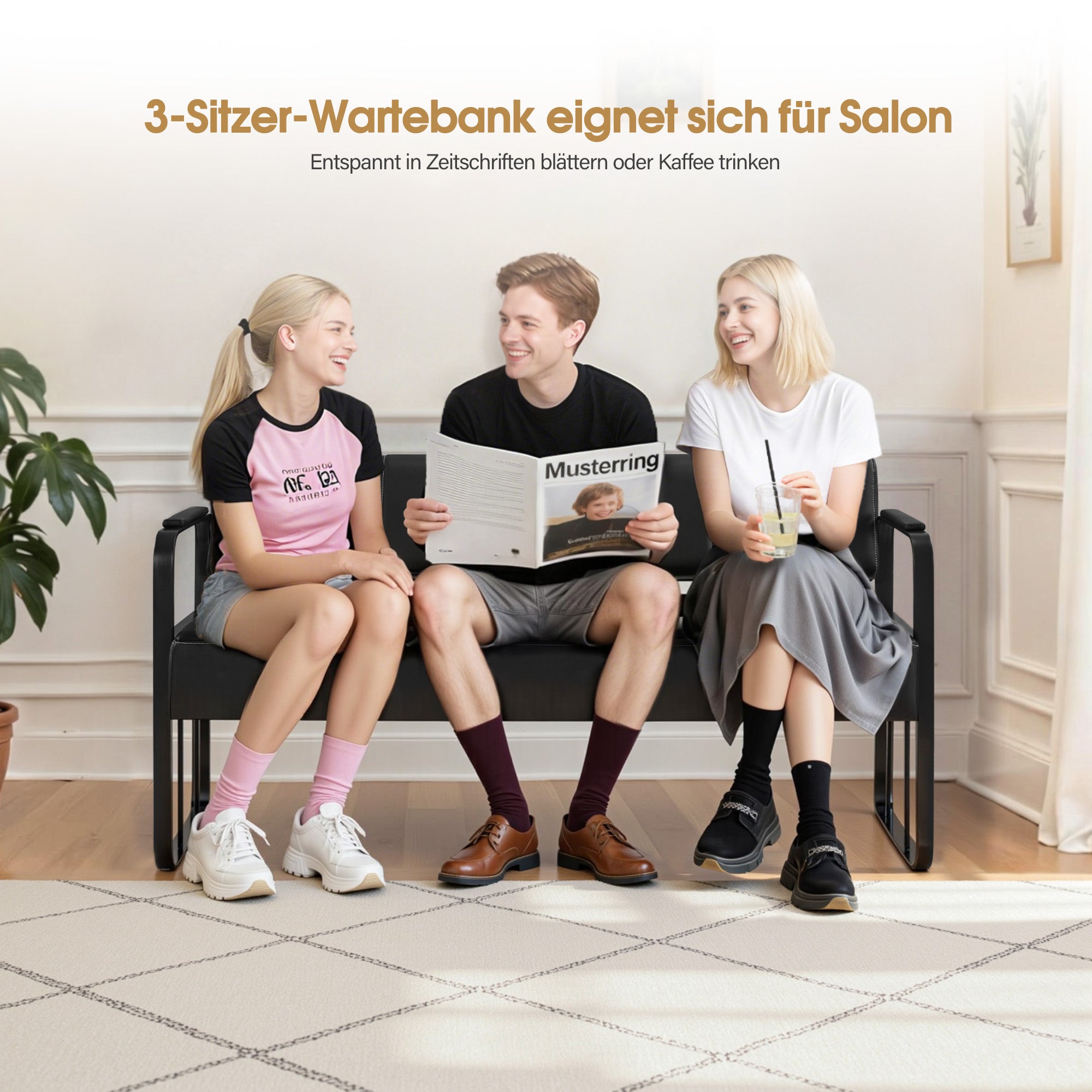 Barberpub 3-Sitzer Sitzbank mit Armlehnen, Polsterbank mit Rückenlehn Wartebank Friseur, Wohnzimmerbank, Friseureinrichtung W528