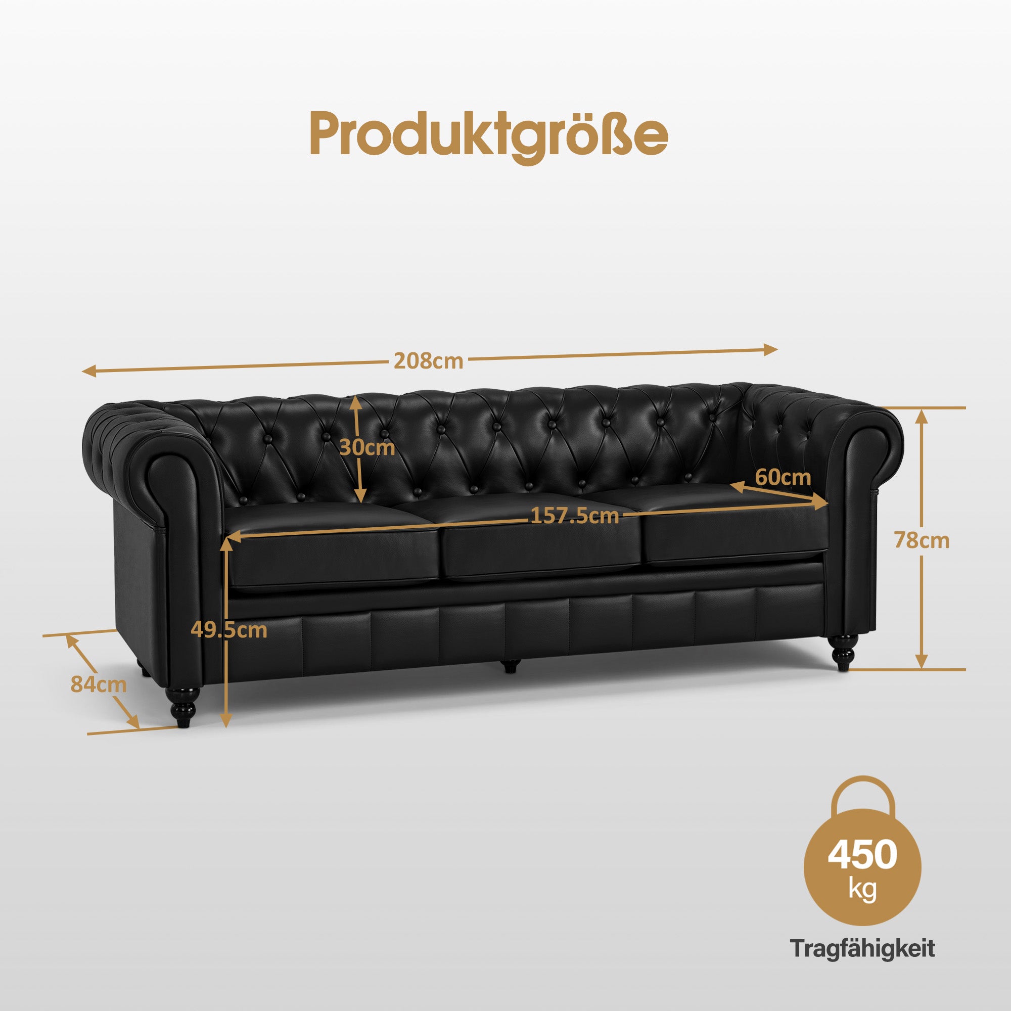 BarberPub Chesterfield Sofa 3-Sitzer 208cm, Wartebank Friseur Vintage, Sitzbank mit Rückenlehne & Armlehne Couch 3-er, Friseureinrichtung Klassisch W536