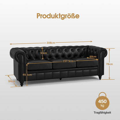 BarberPub Chesterfield Sofa 3-Sitzer 208cm, Wartebank Friseur Vintage, Sitzbank mit Rückenlehne & Armlehne Couch 3-er, Friseureinrichtung Klassisch W536