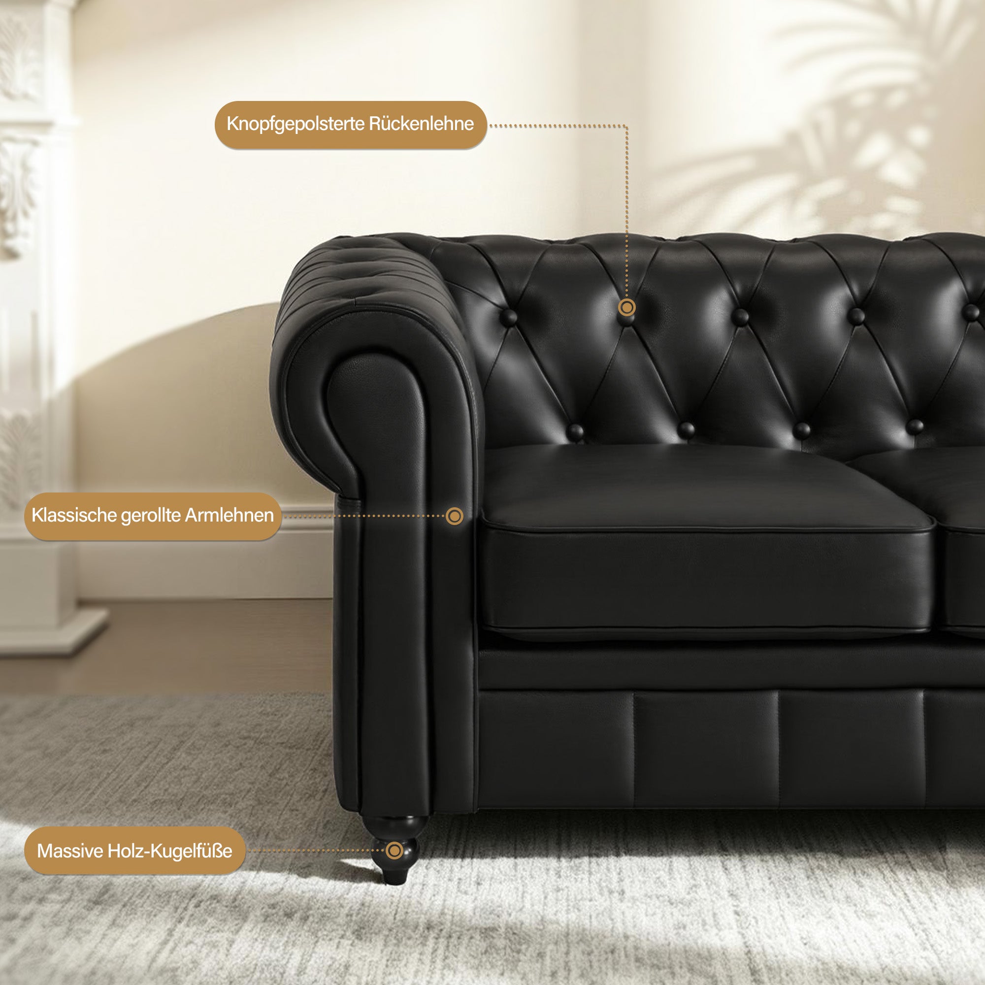 BarberPub Chesterfield Sofa 3-Sitzer 208cm, Wartebank Friseur Vintage, Sitzbank mit Rückenlehne & Armlehne Couch 3-er, Friseureinrichtung Klassisch W536