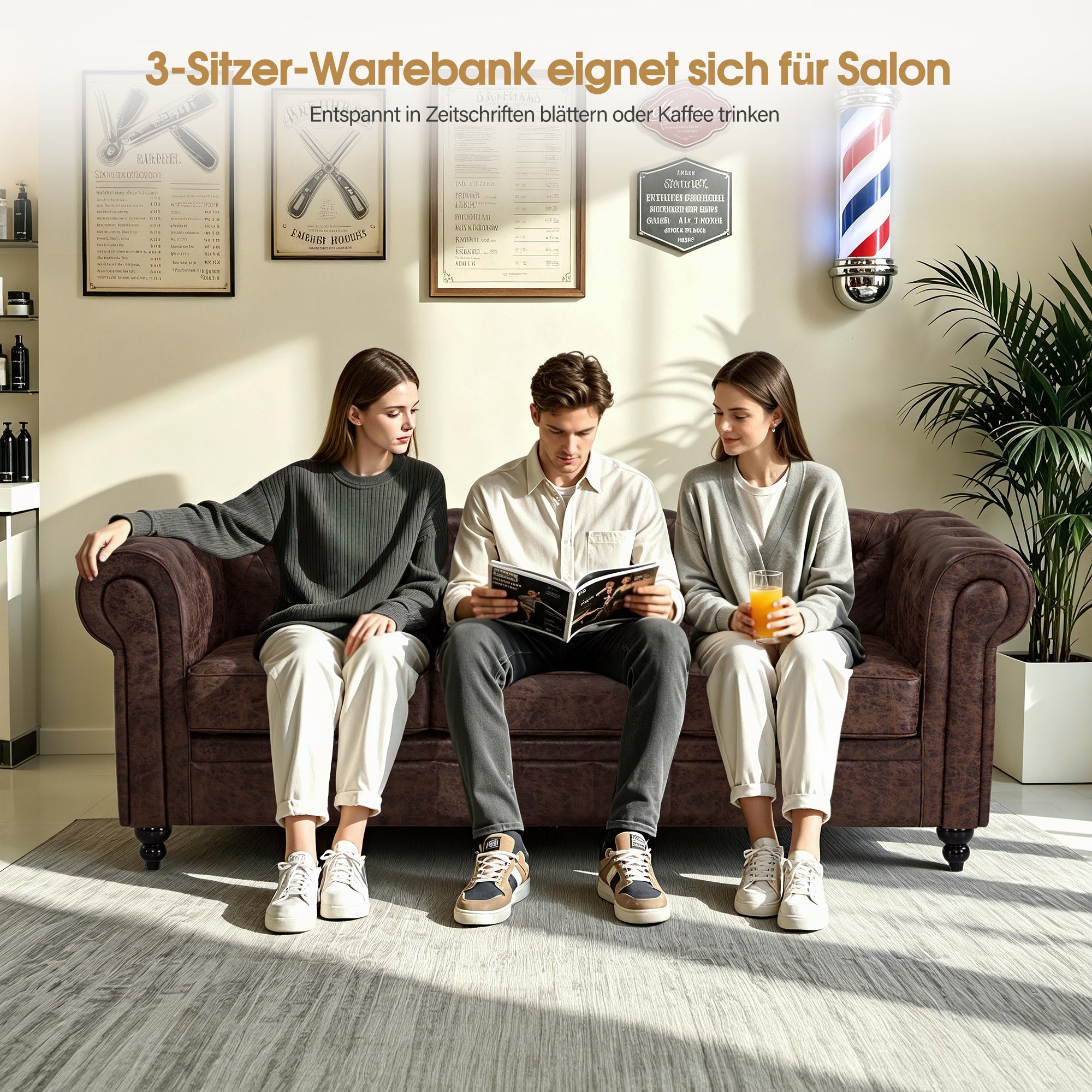 BarberPub Chesterfield Sofa 3-Sitzer 208cm, Wartebank Friseur Vintage, Sitzbank mit Rückenlehne & Armlehne Couch 3-er, Friseureinrichtung Klassisch W536