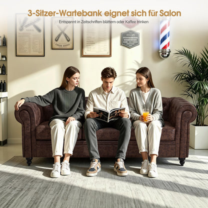 BarberPub Chesterfield Sofa 3-Sitzer 208cm, Wartebank Friseur Vintage, Sitzbank mit Rückenlehne & Armlehne Couch 3-er, Friseureinrichtung Klassisch W536