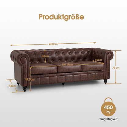 BarberPub Chesterfield Sofa 3-Sitzer 208cm, Wartebank Friseur Vintage, Sitzbank mit Rückenlehne & Armlehne Couch 3-er, Friseureinrichtung Klassisch W536