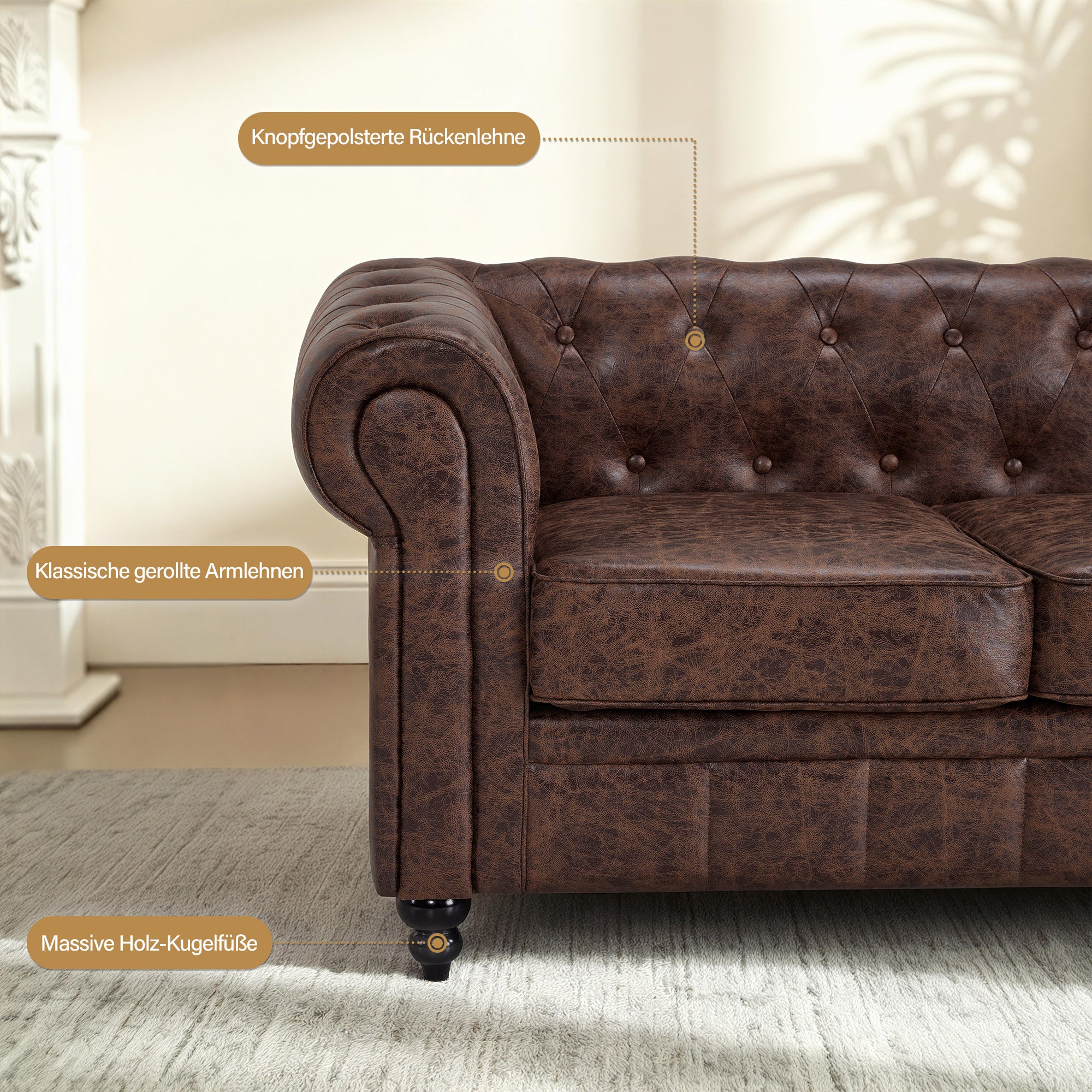 BarberPub Chesterfield Sofa 3-Sitzer 208cm, Wartebank Friseur Vintage, Sitzbank mit Rückenlehne & Armlehne Couch 3-er, Friseureinrichtung Klassisch W536