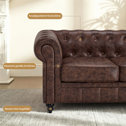 BarberPub Chesterfield Sofa 3-Sitzer 208cm, Wartebank Friseur Vintage, Sitzbank mit Rückenlehne & Armlehne Couch 3-er, Friseureinrichtung Klassisch W536